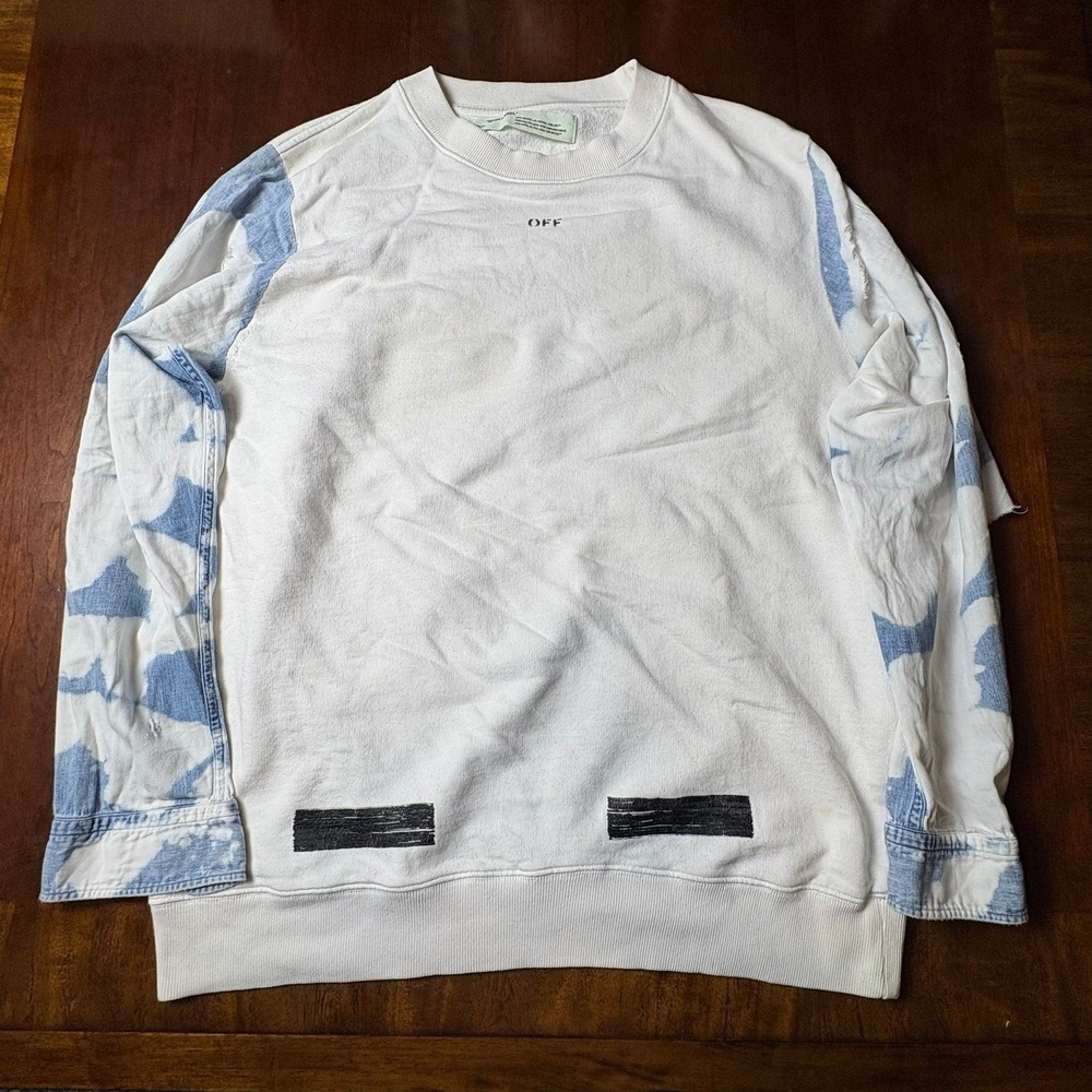 Off-White Seeing Things Distressed Denim Sleeve Sweatshirt White Large